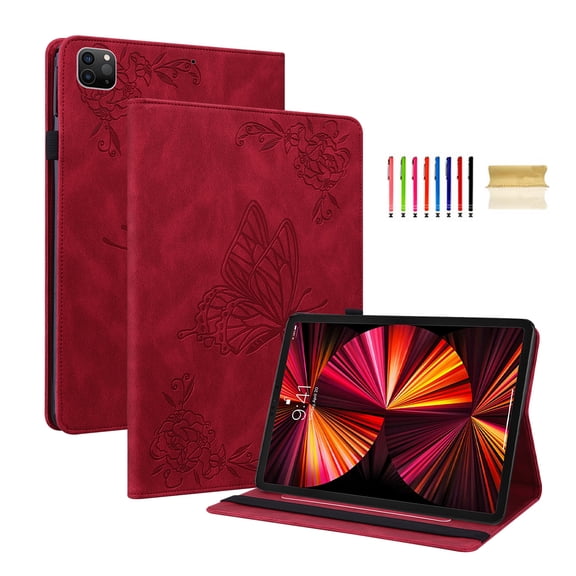 Feishell Smart Cover for Apple iPad Pro 11-inch 4th 3rd 2nd 1st Gen Air 5 4 10.9-inch,Shockproof Butterfly & Flower Embossed Pattern PU Leather Folio Flip Card Slots Case with Auto Wake Sleep,Red