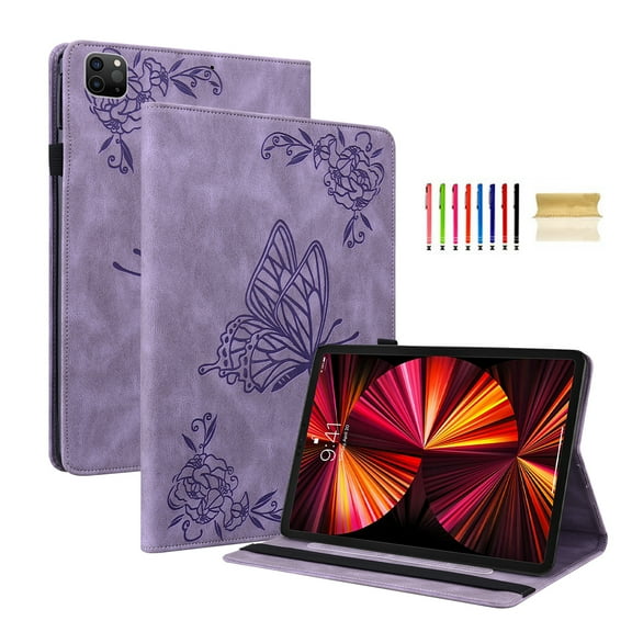 Feishell Smart Cover for Apple iPad Pro 11-inch 4th 3rd 2nd 1st Gen Air 5 4 10.9-inch,Shockproof Butterfly & Flower Embossed Pattern PU Leather Folio Flip Card Slots Case with Auto Wake Sleep,Purple