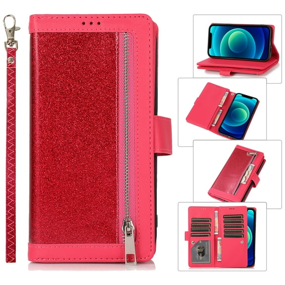 Feishell Sparkle Case For Samsung A12 5G, Women Wallet with Card Holder, Glitter Bling Flip PU Leather Magnetic Kickstand Zipper Purse Case Wrist Strap for Samsung Galaxy A12 5G, rose