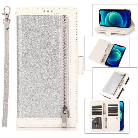 Feishell Sparkle Case For Samsung Note 10 Plus, Women Wallet with Card Holder, Glitter Bling Flip PU Leather Magnetic Kickstand Zipper Purse Case Wrist Strap for Samsung Galaxy Note 10 Plus, silver