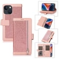 thumbnail image 1 of Feishell Sparkle Case For iPhone 15 Plus, Women Wallet with Card Holder, Glitter Bling Flip PU Leather Magnetic Kickstand Zipper Purse Case Wrist Strap For iPhone 15 Plus, pink, 1 of 9