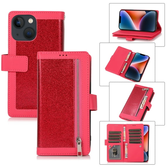 Feishell Sparkle Case For iPhone 15, Women Wallet with Card Holder, Glitter Bling Flip PU Leather Magnetic Kickstand Zipper Purse Case Wrist Strap For iPhone 15, rose
