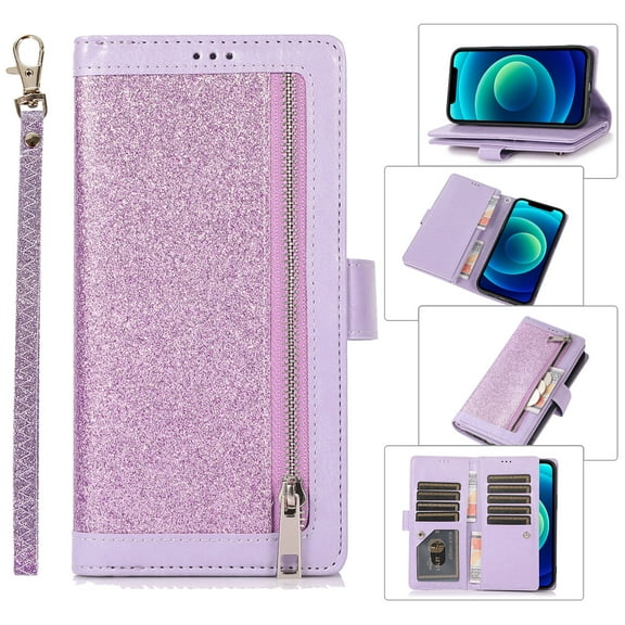 Feishell Sparkle Case For iPhone 7 Plus/8 Plus, Women Wallet with Card Holder, Glitter Bling Flip PU Leather Magnetic Kickstand Zipper Purse Case Wrist Strap For iPhone 7 Plus/8 Plus, Purple