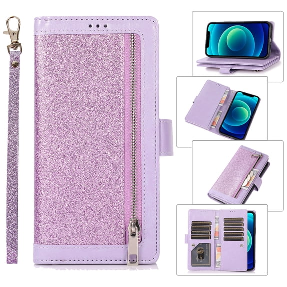 Feishell Sparkle Case For Samsung Note 10 Plus, Women Wallet with Card Holder, Glitter Bling Flip PU Leather Magnetic Kickstand Zipper Purse Case Wrist Strap for Samsung Galaxy Note 10 Plus, Purple