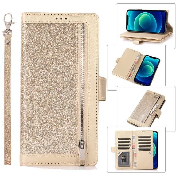 Feishell Sparkle Case For Samsung Note 20 Ultra, Women Wallet with Card Holder, Glitter Bling Flip PU Leather Magnetic Kickstand Zipper Purse Case Wrist Strap for Samsung Galaxy Note 20 Ultra,gold