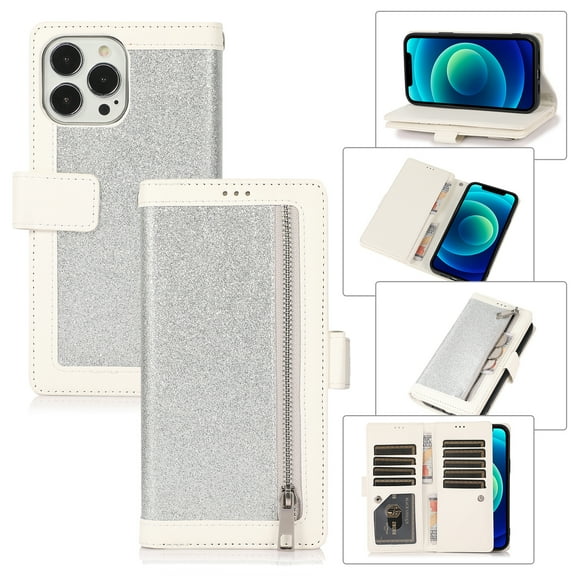 Feishell Sparkle Case For iPhone 12 Pro Max, Women Wallet with Card Holder, Glitter Bling Flip PU Leather Magnetic Kickstand Zipper Purse Case Wrist Strap For iPhone 12 Pro Max, silver