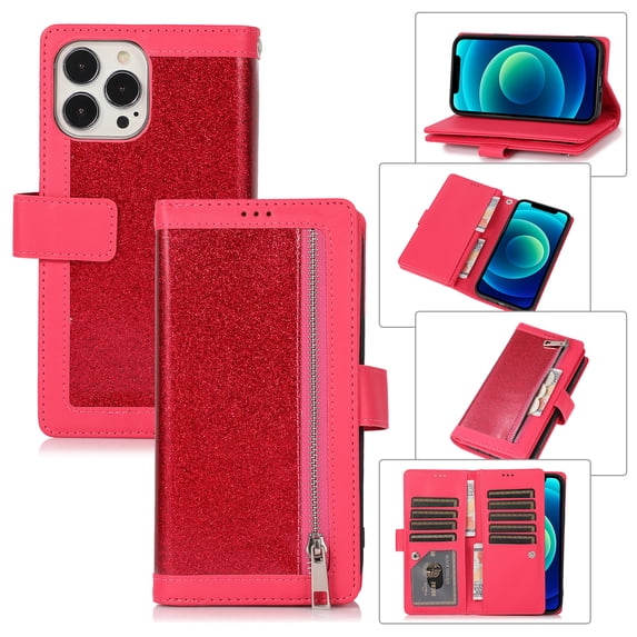 Feishell Sparkle Case For iPhone 13 Pro, Women Wallet with Card Holder, Glitter Bling Flip PU Leather Magnetic Kickstand Zipper Purse Case Wrist Strap For iPhone 13 Pro, rose