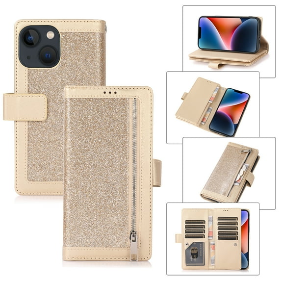 Feishell Sparkle Case For iPhone 13, Women Wallet with Card Holder, Glitter Bling Flip PU Leather Magnetic Kickstand Zipper Purse Case Wrist Strap For iPhone 13,gold