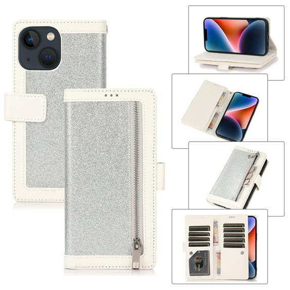 Feishell Sparkle Case For iPhone 14, Women Wallet with Card Holder, Glitter Bling Flip PU Leather Magnetic Kickstand Zipper Purse Case Wrist Strap For iPhone 14, silver