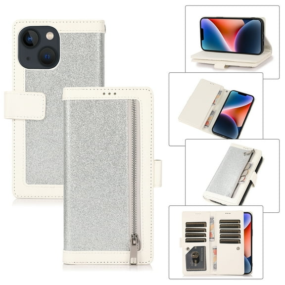 Feishell Sparkle Case For iPhone 14, Women Wallet with Card Holder, Glitter Bling Flip PU Leather Magnetic Kickstand Zipper Purse Case Wrist Strap For iPhone 14, silver