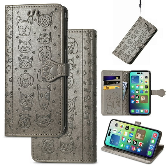 Feishell for T-Mobile REVVL V+ 5G Cartoon Cute Wallet Case, Cat Dog Style Flip with ID Card Holder Premium PU Leather Cases with Wrist Strap, Magnetic Closure Folio Kickstand Phone Cover, Gray