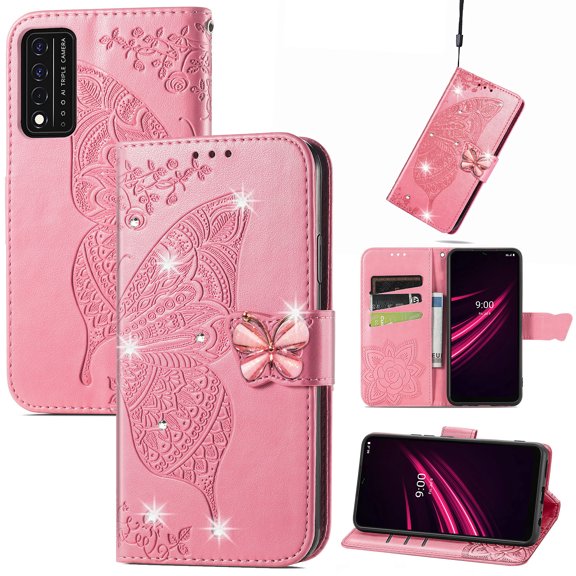 Feishell for T-Mobile REVVL V+ 5G Wallet Case for Women Girls,Bling Diamond Butterfly Embossed PU Leather Magnetic Clasp Flip Kickstand ID Credit Card Slots Phone Case with Wrist Strap,Pink