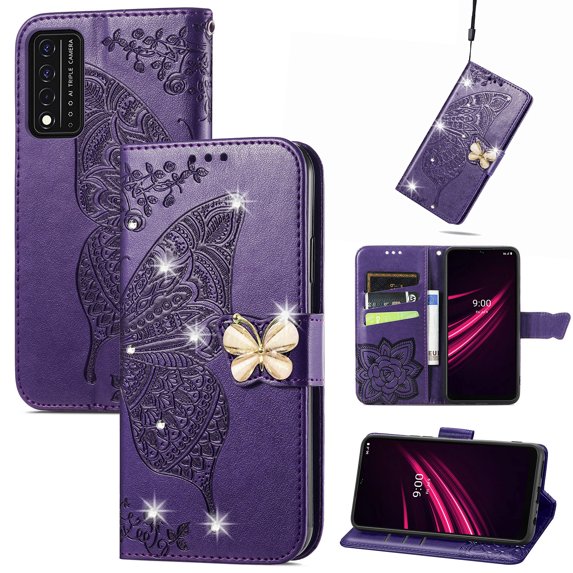 Feishell for T-Mobile REVVL V+ 5G Wallet Case for Women Girls,Bling Diamond Butterfly Embossed PU Leather Magnetic Clasp Flip Kickstand ID Credit Card Slots Phone Case with Wrist Strap,Purple