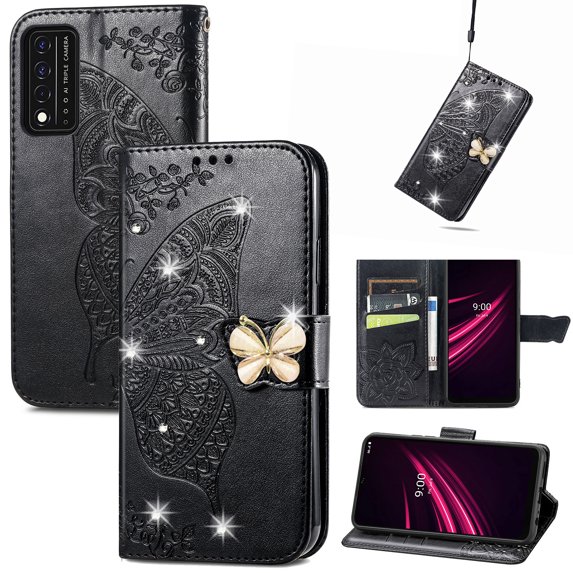 Feishell for T-Mobile REVVL V+ 5G Wallet Case for Women Girls,Bling Diamond Butterfly Embossed PU Leather Magnetic Clasp Flip Kickstand ID Credit Card Slots Phone Case with Wrist Strap,Black