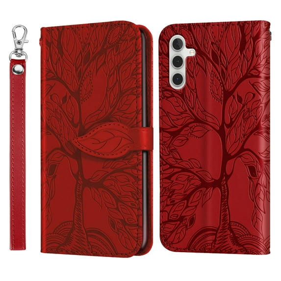 Feishell Tree Embossed Pattern PU Leather Phone Case for Samsung Galaxy A14 5G 6.6 inch,Shockproof Magnetic Clasp Flip Kickstand Credit Card Slots Wallet Phone Case with Wrist Strap,Red
