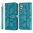 thumbnail image 1 of Feishell Tree Embossed Pattern PU Leather Phone Case for Samsung Galaxy A14 5G 6.6 inch,Shockproof Magnetic Clasp Flip Kickstand Credit Card Slots Wallet Phone Case with Wrist Strap,Blue, 1 of 9
