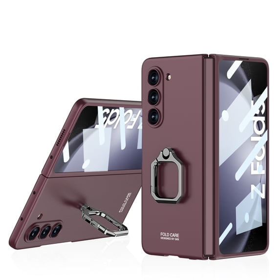 Feishell Ultra Thin Case for Samsung Galaxy Z Fold5 2023,Built-in Rotating Electroplated Metal Ring Kickstand,Shockproof Front Screen Protector Impact Resistant Slim Phone Case,Winered