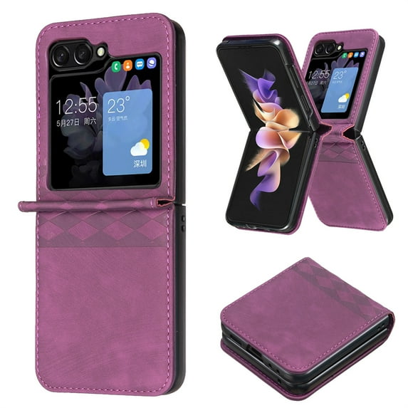 Feishell Ultra Thin Slim Phone Case for Samsung Galaxy Z Flip5 2023,Shockproof Premium PU Leather Emboosed Pattern Durable Anti-Scratch Phone Case Cover for Samsung Galaxy Z Flip5 5G,Darkpurple