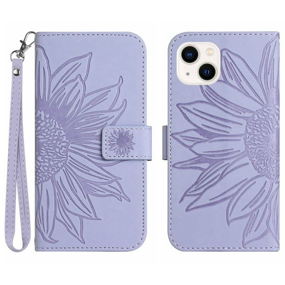 Feishell Wallet Case for Apple iPhone 14 Plus 6.7 inch,for Men Women,Sunflower Embossed Pattern PU Leather Flip Cover Magnetic Closure Folio Card Slots Kickstand Phone Case with Hand Strap,Lightpurple