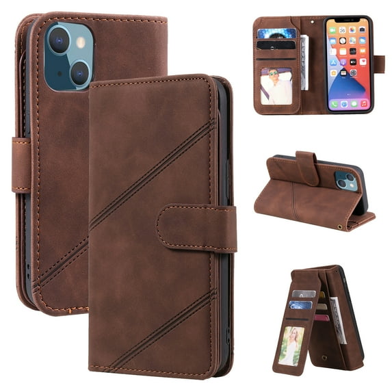 Feishell Wallet Case for Apple iPhone 14 Plus,Premium PU Leather Full Protection Cover with 9 Card Slots & Wrist Strap,Shockproof Magnetic Clasp Folio Flip Kickstand Phone Cover,Brown