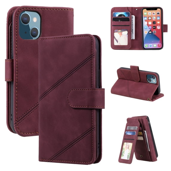 Feishell Wallet Case for Apple iPhone 14 Plus,Premium PU Leather Full Protection Cover with 9 Card Slots & Wrist Strap,Shockproof Magnetic Clasp Folio Flip Kickstand Phone Cover,Red