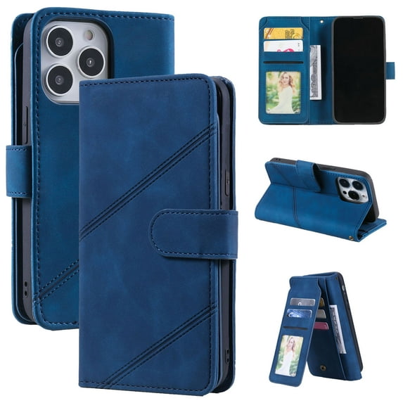 Feishell Wallet Case for Apple iPhone 14 Pro,Premium PU Leather Full Protection Cover with 9 Card Slots & Wrist Strap,Shockproof Magnetic Clasp Folio Flip Kickstand Phone Cover,Blue