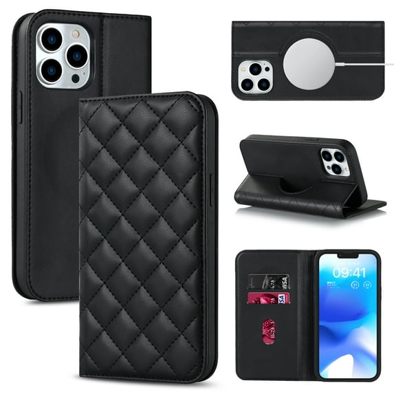 Feishell Wallet Case Designed for iPhone 13 Pro Max (6.7 inch),Compatible with MagSafe Charger,Stylish PU Leather Magnetic Closure Folio RFID Blocking Protection Card Slots Flip Kickstand Phone ,Black