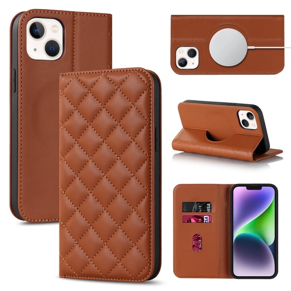Feishell Wallet Case Designed for iPhone 14 (6.1 inch),Compatible with MagSafe Charger,Stylish PU Leather Magnetic Closure Folio RFID Blocking Protection Card Slots Flip Kickstand Phone Case,Brown