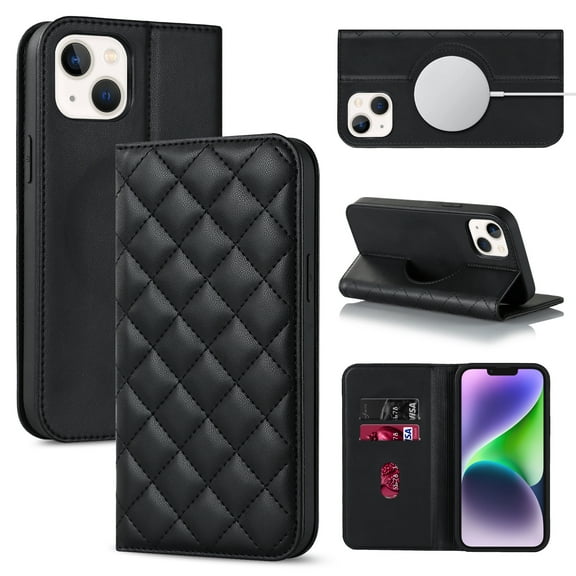 Feishell Wallet Case Designed for iPhone 14 (6.1 inch),Compatible with MagSafe Charger,Stylish PU Leather Magnetic Closure Folio RFID Blocking Protection Card Slots Flip Kickstand Phone Case,Black