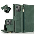thumbnail image 1 of Feishell Wallet Case Fit for Apple iPhone 15 Plus,Drop Protection PU Leather Zipper Pocket Magnetic Clasp Flip Holder ID Credit Card Slots Ultra Thin Phone Cover with Wrist Strap,Darkgreen, 1 of 8