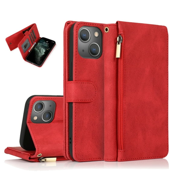 Feishell Wallet Case Fit for Apple iPhone 15 Plus,Drop Protection PU Leather Zipper Pocket Magnetic Clasp Flip Holder ID Credit Card Slots Ultra Thin Phone Cover with Wrist Strap,Red
