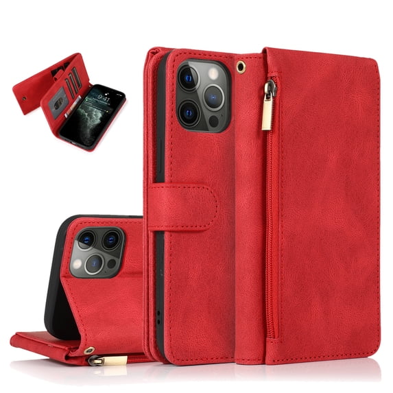 Feishell Wallet Case Fit for Apple iPhone 15 Pro Max,Drop Protection PU Leather Zipper Pocket Magnetic Clasp Flip Holder ID Credit Card Slots Ultra Thin Phone Cover with Wrist Strap,Red