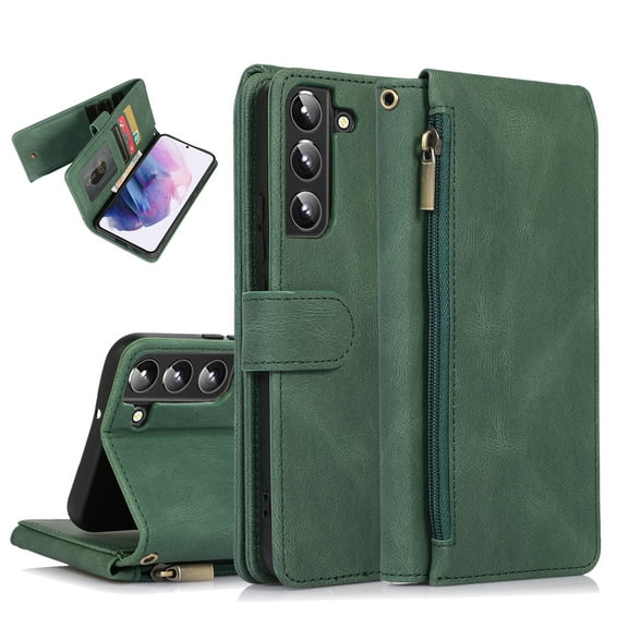 Feishell Wallet Case Fit for Samsung Galaxy A14 5G,Drop Protection PU Leather Zipper Pocket Magnetic Clasp Flip Holder ID Credit Card Slots Ultra Thin Phone Cover with Wrist Strap,Darkgreen