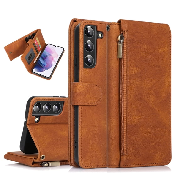 Feishell Wallet Case Fit for Samsung Galaxy S22 5G,Drop Protection PU Leather Zipper Pocket Magnetic Clasp Flip Holder ID Credit Card Slots Ultra Thin Phone Cover with Wrist Strap,Brown