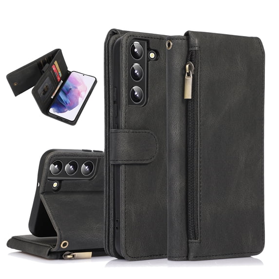 Feishell Wallet Case Fit for Samsung Galaxy S22 5G,Drop Protection PU Leather Zipper Pocket Magnetic Clasp Flip Holder ID Credit Card Slots Ultra Thin Phone Cover with Wrist Strap,Black