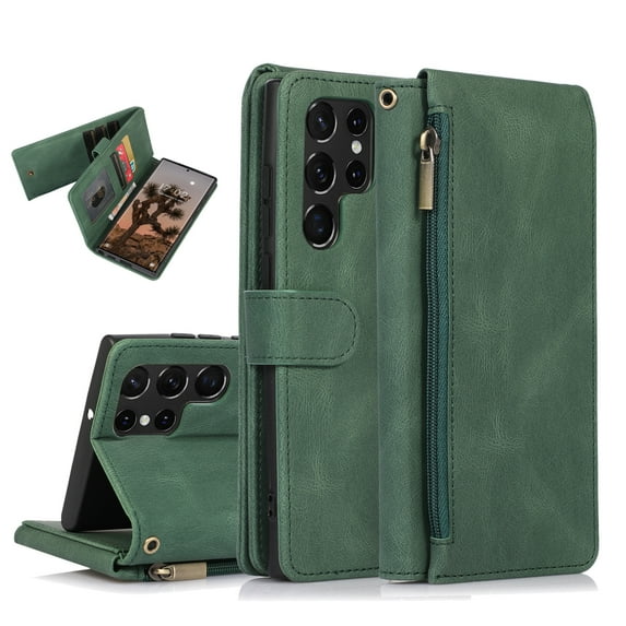 Feishell Wallet Case Fit for Samsung Galaxy S22 Ultra 5G,Drop Protection PU Leather Zipper Pocket Magnetic Clasp Flip Holder ID Credit Card Slots Ultra Thin Phone Cover with Wrist Strap,Darkgreen