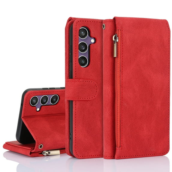 Feishell Wallet Case Fit for Samsung Galaxy S24 Plus,Drop Protection PU Leather Zipper Pocket Magnetic Clasp Flip Holder ID Credit Card Slots Ultra Thin Phone Cover with Wrist Strap,Red