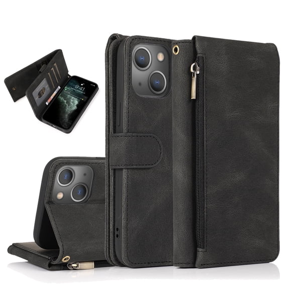 Feishell Wallet Case Fit for iPhone 14 Plus,Drop Protection PU Leather Zipper Pocket Magnetic Clasp Flip Holder ID Credit Card Slots Ultra Thin Phone Cover with Wrist Strap,Black