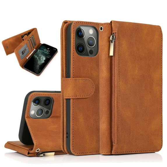 Feishell Wallet Case Fit for iPhone 14 Pro Max,Drop Protection PU Leather Zipper Pocket Magnetic Clasp Flip Holder ID Credit Card Slots Ultra Thin Phone Cover with Wrist Strap,Brown