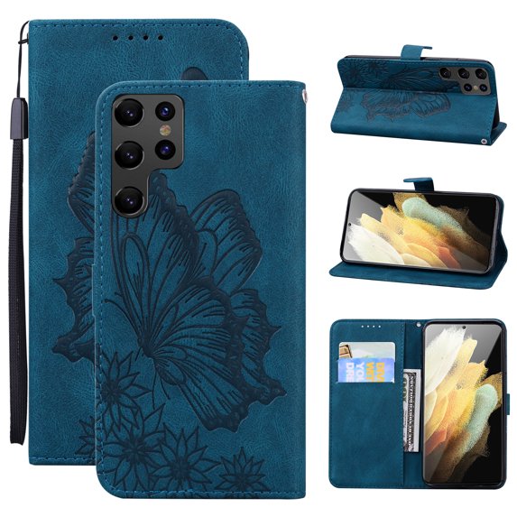 Feishell Wallet Case For Samsung S23 Ultra, Magnetic Folio Card Slots Holder Kickstand Premium PU Leather Butterfly Patterned Embossed with Wrist Strap Cover For Samsung Galaxy S23 Ultra,Blue