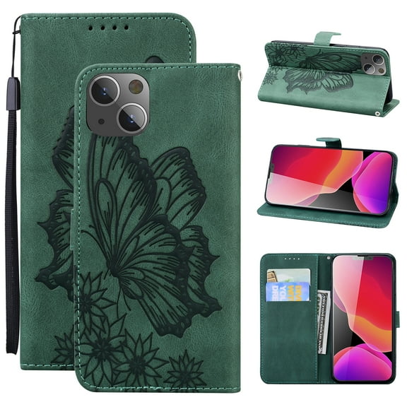 Feishell Wallet Case For iPhone 15, Magnetic Folio Card Slots Holder Kickstand Premium PU Leather Butterfly Patterned Embossed with Wrist Strap Cover For iPhone 15, Green