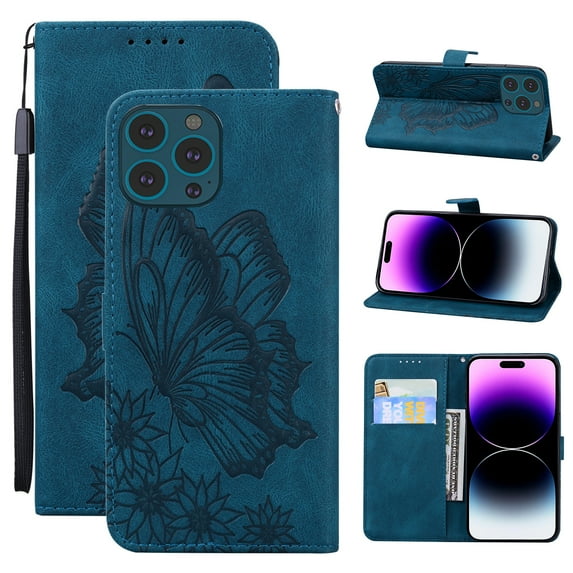 Feishell Wallet Case For iPhone 15 Pro, Magnetic Folio Card Slots Holder Kickstand Premium PU Leather Butterfly Patterned Embossed with Wrist Strap Cover For iPhone 15 Pro,Blue
