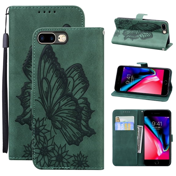 Feishell Wallet Case For iPhone 7 / 8/ SE 2020, Magnetic Folio Card Slots Holder Kickstand Premium PU Leather Butterfly Patterned Embossed with Wrist Strap Cover For iPhone 7 / 8/ SE 2020, Green