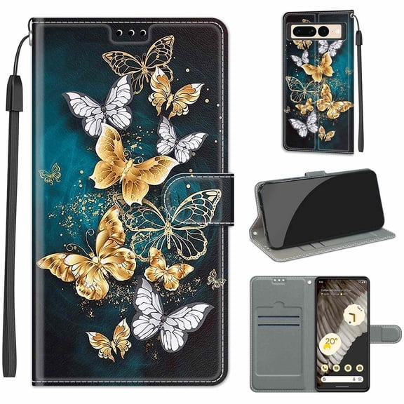 Feishell Wallet Case for Google Pixel 7 Pro 6.7 inch,Shockproof Stylish Pattern PU Leather Magnetic Clasp Folio Flip Holder Card Slots Slim Phone Cover with Wrist Strap,Gold&Silver Butterfly