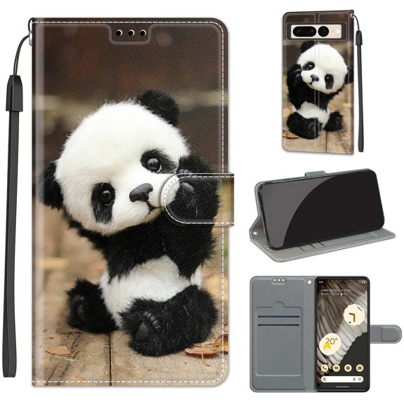 Feishell Wallet Case for Google Pixel 7 Pro 6.7 inch,Shockproof Stylish Pattern PU Leather Magnetic Clasp Folio Flip Holder Card Slots Slim Phone Cover with Wrist Strap,Panda