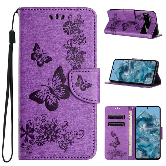 Feishell Wallet Case for Google Pixel 8 Pro,Retro PU Leather Butterfly Embossed Pattern Full Protection Anti-Scratch Magnetic Clasp Flip Holder Card Slots & Cash Pocket Phone Cover,Purple