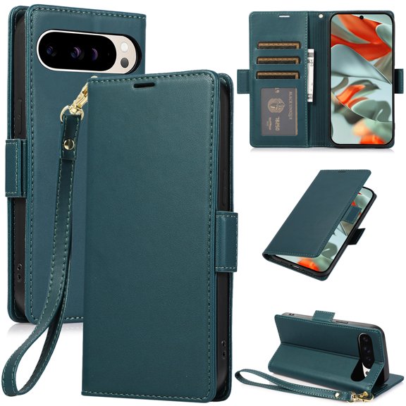 Feishell Wallet Case for Google Pixel 8A, Premium PU Leather Magnetic Closure Flip Kickstand Folio Case with RFID Blocking Credit Card Slots Shockproof Phone Cover with Wrist Strap,Green