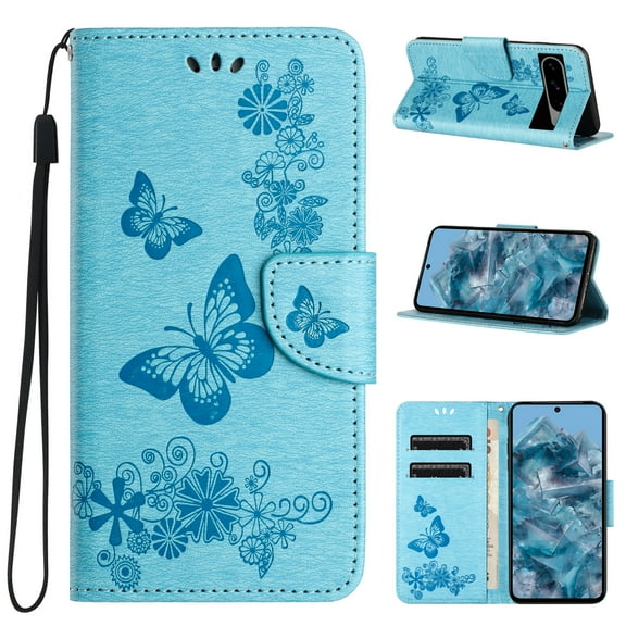 Feishell Wallet Case for Google Pixel 9 / 9 Pro,Retro PU Leather Butterfly Embossed Pattern Full Protection Anti-Scratch Magnetic Clasp Flip Holder Card Slots & Cash Pocket Phone Cover,Blue