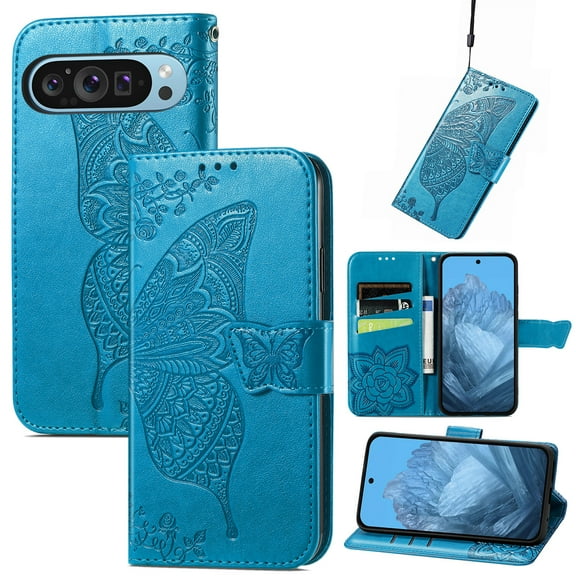 Feishell Wallet Case for Google Pixel 9 Pro XL,Butterfly & Flower Embossed PU Leather TPU Inner Shell Magnetic Flip Stand Card Slots Shockproof Protective Phone Cover,Blue