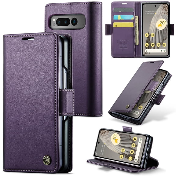 Feishell Wallet Case for Google Pixel Fold, RFID Blocking Magnetic Clasp Shockproof Cover, Premium PU Leather Flip Case with Credit Card Slots Holder Kickstand for Google Pixel Fold, Purple